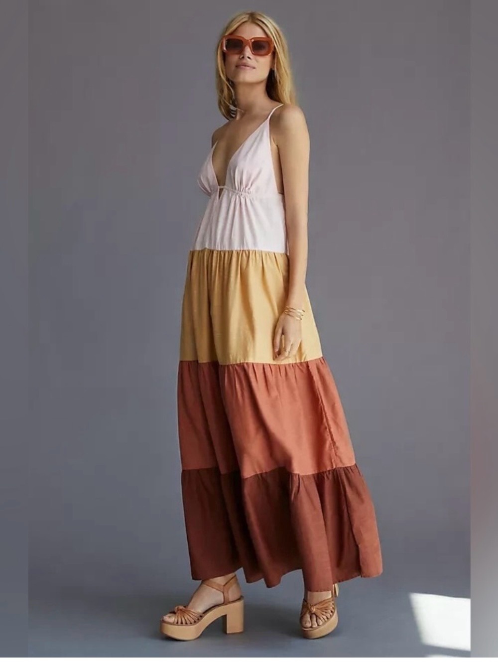 Anthropologie The Raya Tiered Maxi Tank Dress Pink Rust Brown Deep V-Neck Boho